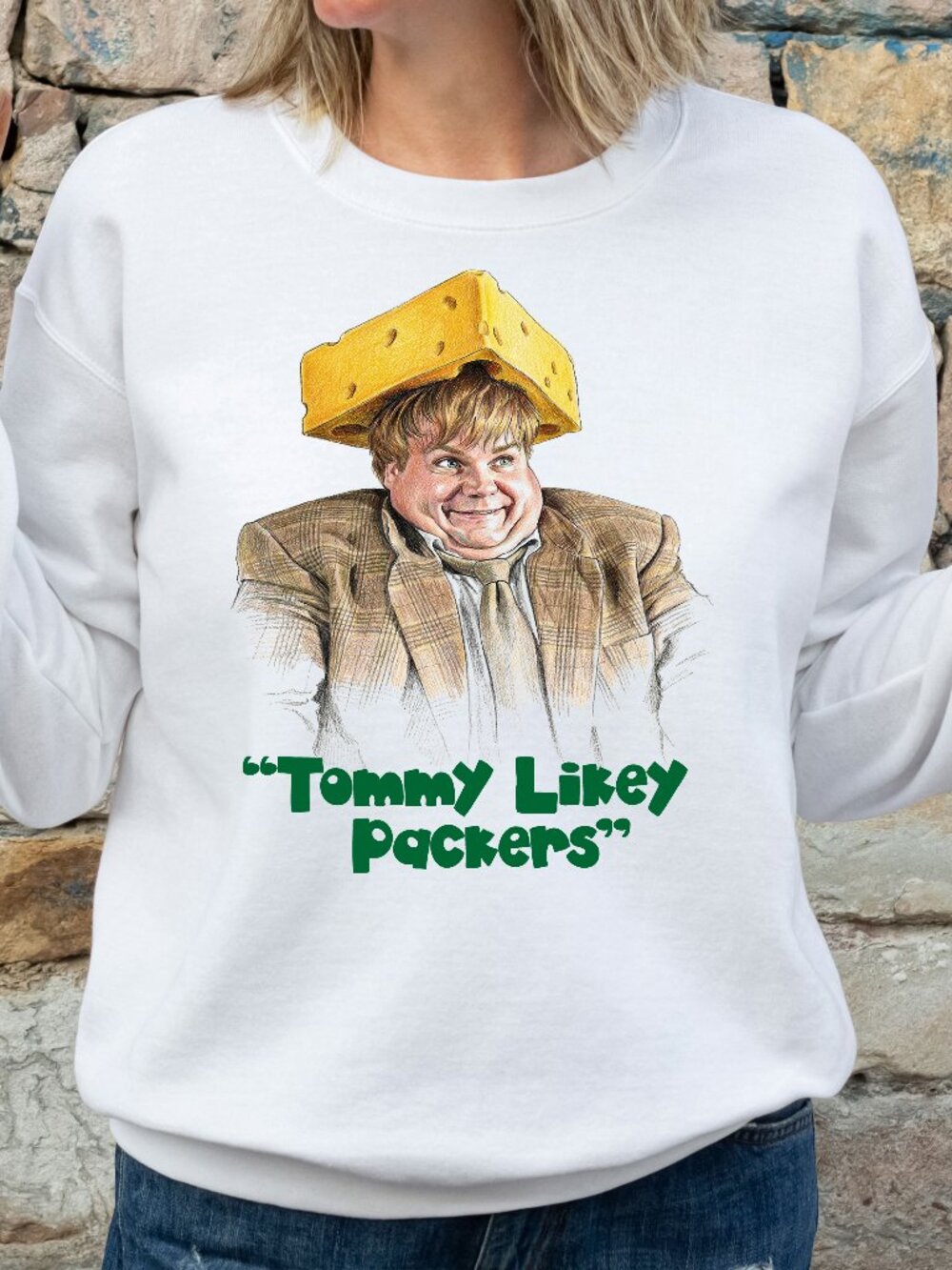 Chris Farley Tommy Boy Green Bay packer Fan crewneck sweatshirt WHITE